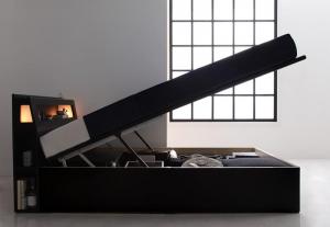 お客様組立 モダンライトコンセント付き・ガス圧式跳ね上げ収納ベッド Kezia ケザイア マルチラススーパースプリングマットレス付き セミダブル 深さラージ 送料無料