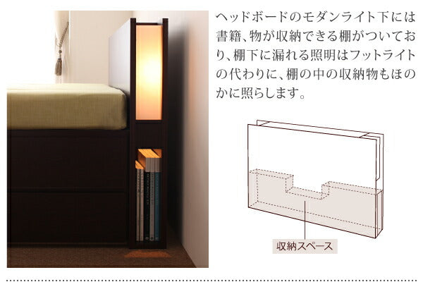 組立設置付 モダンライト・コンセント付きチェストベッド Huette ヒュッテ 薄型プレミアムポケットコイルマットレス付き セミダブル 送料無料