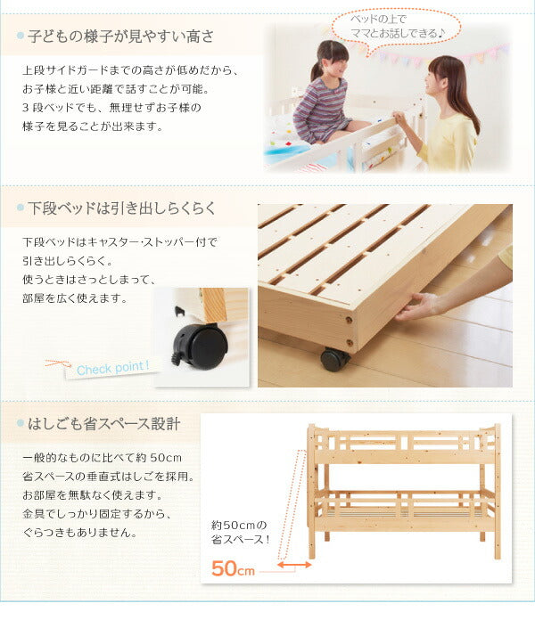 タイプが選べる頑丈ロータイプ収納式3段ベッド fericica フェリチカ ベッドフレームのみ キャスター付シングルタイプ シングル 送料無料