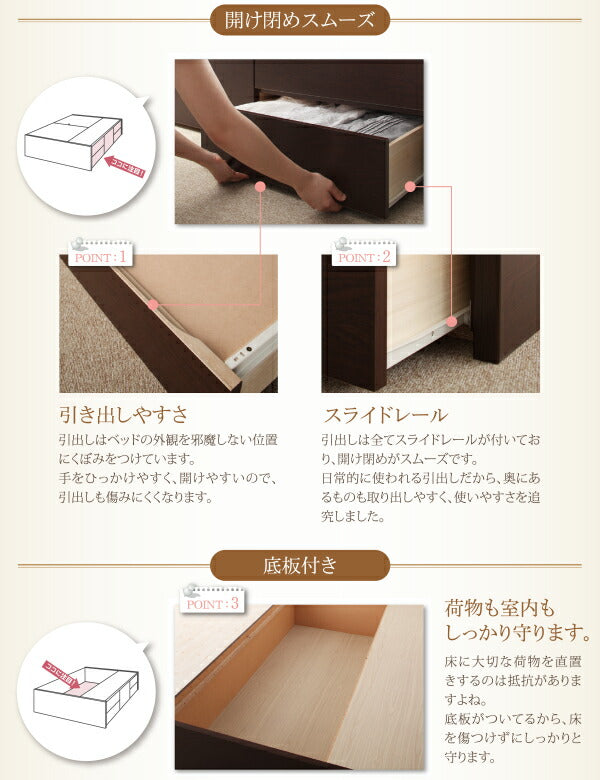 お客様組立 日本製_ヘッドレス大容量コンパクトチェストベッド Creacion クリージョン 薄型スタンダードポケットコイルマットレス付き セミシングル ショート丈 送料無料