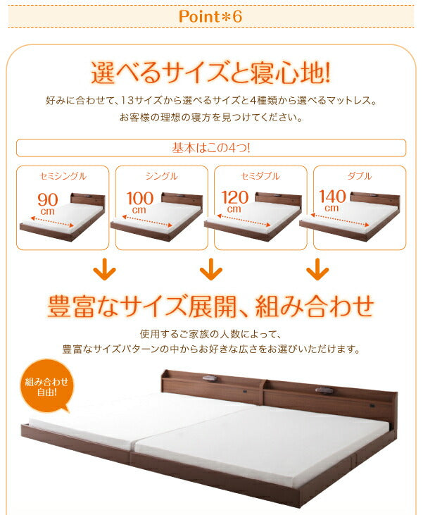 棚・照明・コンセント付ロング丈連結ベッド JointLong ジョイント・ロング ボンネルコイルマットレス付き シングル ロング丈 送料無料