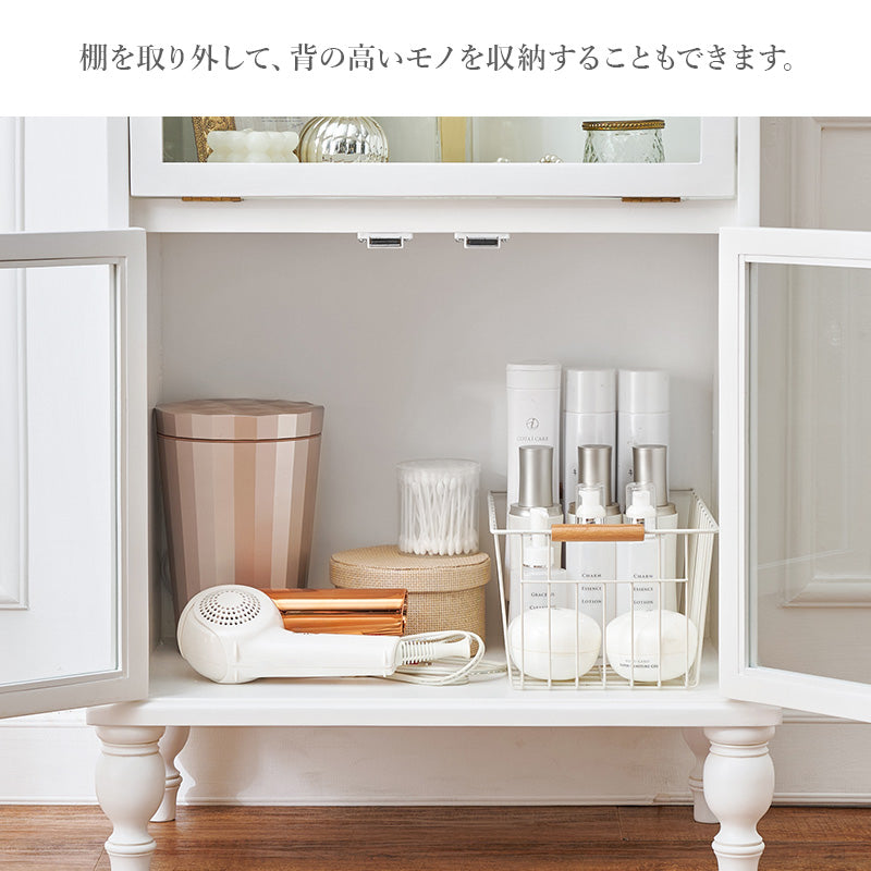 ガラスキャビネット アンティークホワイト 収納家具 可愛い フラップ扉 取っ手 倍増 お洒落 北欧 おしゃれ