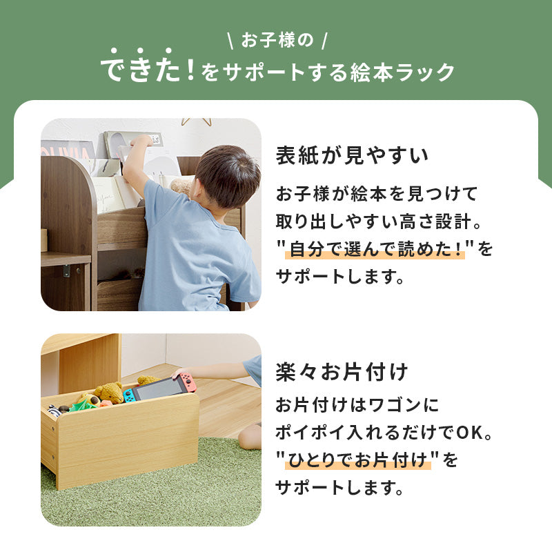 絵本ラック 収納家具 本棚 コンパクト オープンタイプ マガジンラック 表紙 出し入れ ミニデスク 便利 ワゴン