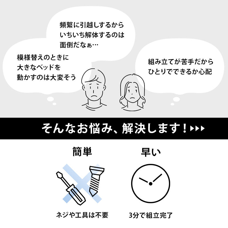 組立簡単 マットレス付シングルベッド ネジなし 工具 3段階 木製ベッド 床面 ポケットコイルマットレスセット