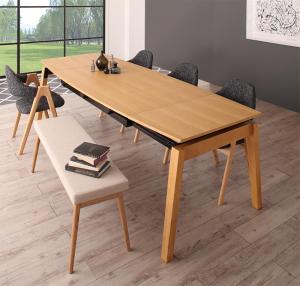 【新商品】組立設置付き 天然木オーク材 スライド伸縮式ダイニングセット MALIA マリア 6点セット(テーブル+チェア4脚+ベンチ1脚) W140-240 送料無料