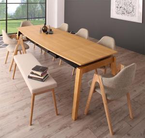 【新商品】組立設置付き 天然木オーク材 スライド伸縮式ダイニングセット MALIA マリア 8点セット(テーブル+チェア6脚+ベンチ1脚) W140-240 送料無料