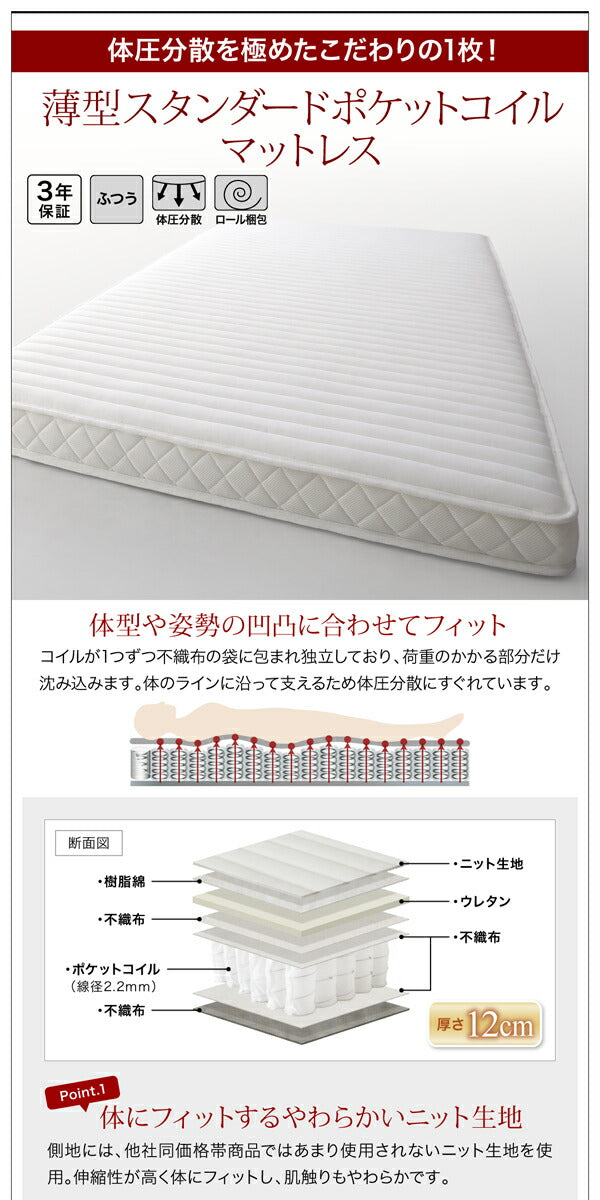 【新商品】組立設置付き 衣装ケースも入る大容量デザイン収納ベッド SCHNEE シュネー 薄型スタンダードポケットコイルマットレス付き 引出し4杯 シングル 送料無料