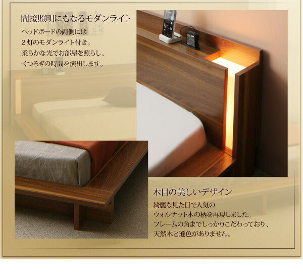 【新商品】組立設置付き モダンライト・棚・コンセント付きデザインフロアローベッド Makati マカティ プレミアムボンネルコイルマットレス付き ダブル 送料無料