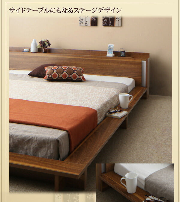 【新商品】組立設置付き モダンライト・棚・コンセント付きデザインフロアローベッド Makati マカティ スタンダードポケットコイルマットレス付き ダブル 送料無料