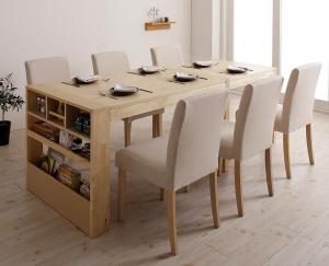 【新商品】組立設置付き 無段階に広がる スライド伸縮テーブル ダイニングセット Magie+ マージィプラス 7点セット(テーブル+チェア6脚) シェルフタイプ W120-200 送料無料