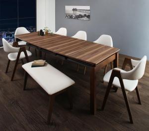 【新商品】組立設置付き 北欧テイスト 天然木ウォールナット材 伸縮ダイニングセット Aurora オーロラ 8点セット(テーブル+チェア6脚+ベンチ1脚) W140-240 送料無料