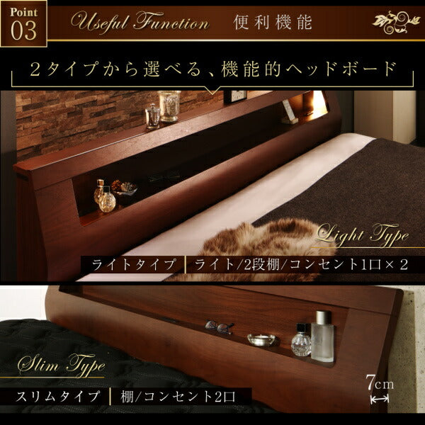 高級ウォルナット材ワイドサイズ収納ベッド Fenrir フェンリル 最高級国産ナノポケットコイルマットレス付き スリムタイプ キング レギュラー丈 送料無料