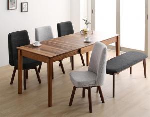 【新商品】組立設置付き 回転イス付き ウォールナット3段階伸縮ダイニングセット Walkot ウォルコット 6点セット(テーブル+チェア4脚+ベンチ1脚) W120-180 送料無料