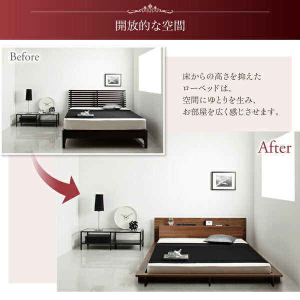【新商品】組立設置付き モダンライト・コンセント付き大型ローベッド 国産カバーポケットコイルマットレス付き シングル 送料無料