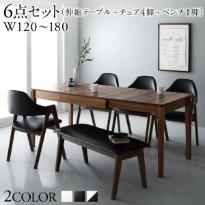 天然木ウォールナット材モダンデザイン伸縮式ダイニングセット Monoce モノーチェ 6点セット(テーブル+チェア4脚+ベンチ1脚) W120-180 送料無料