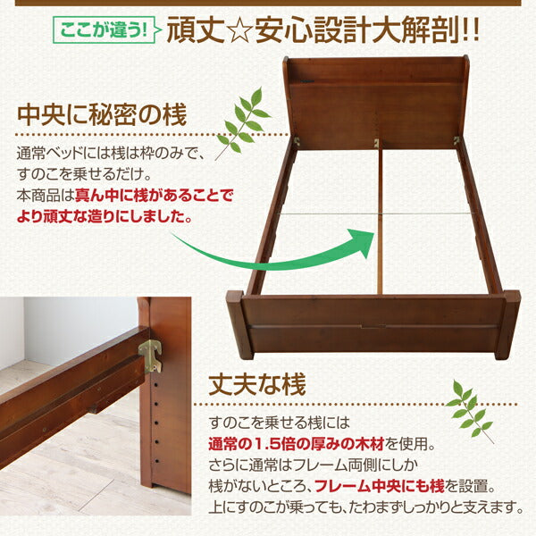 組立設置付き 耐荷重600kg 6段階高さ調節 コンセント付超頑丈天然木すのこベッド Walzza ウォルツァ プレミアムポケットコイルマットレス付き セミダブル 送料無料