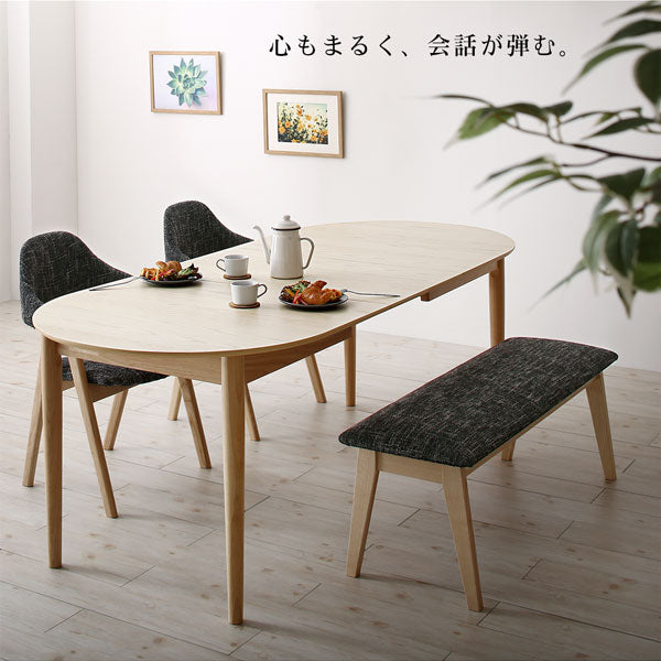 天然木アッシュ材 伸縮式オーバルダイニング tititto ティティット 6点セット(テーブル+チェア4脚+ベンチ1脚) W160-210 送料無料