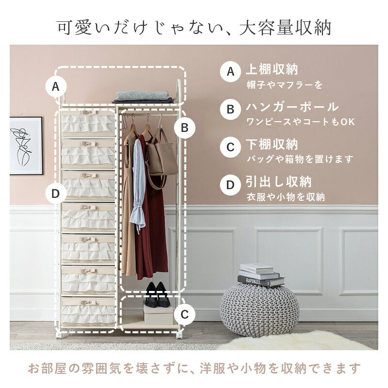 【新商品】エレガントハンガーラック-KHR/フリル付き引き出し7杯タイプ 80×35.5×172cm 送料無料