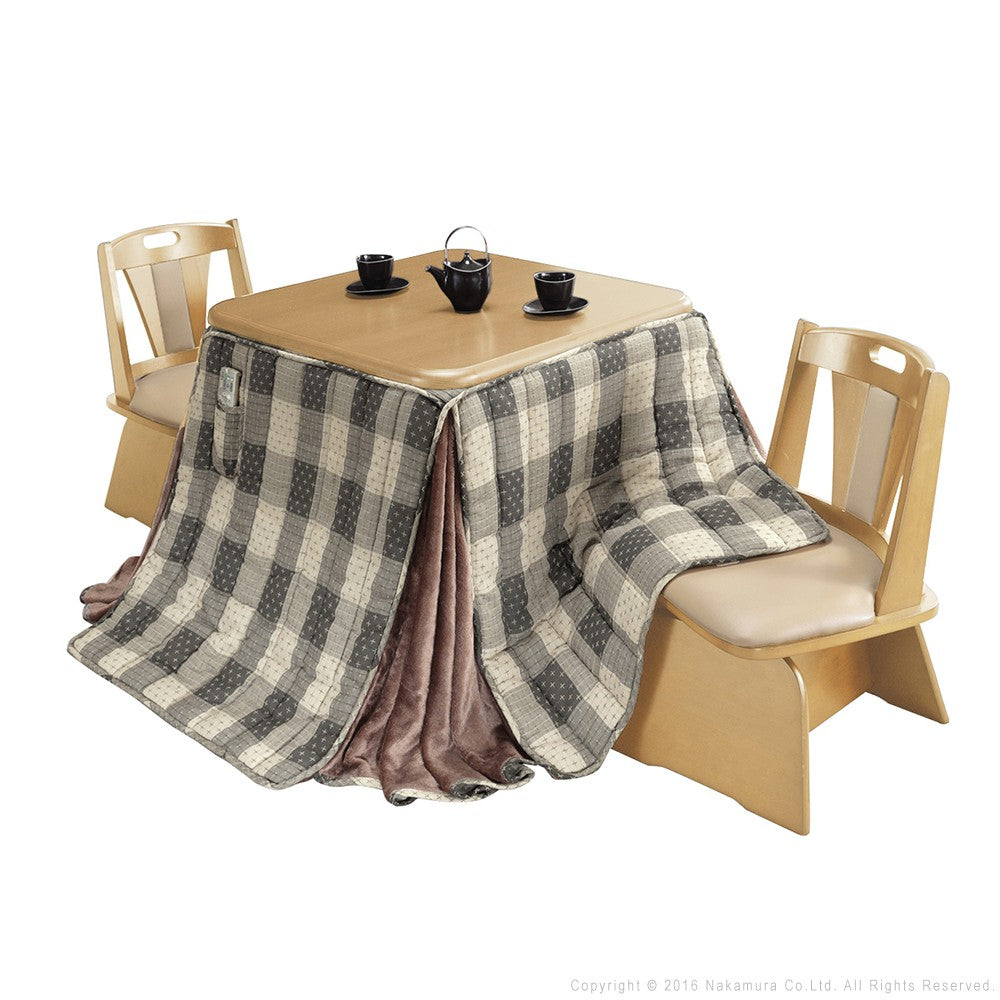 パワフルヒーター 高さ調節機能付き ダイニングこたつ80x80cm 4点セット(こたつ+省スペース布団+回転椅子2脚) 正方形 ダイニングテーブル