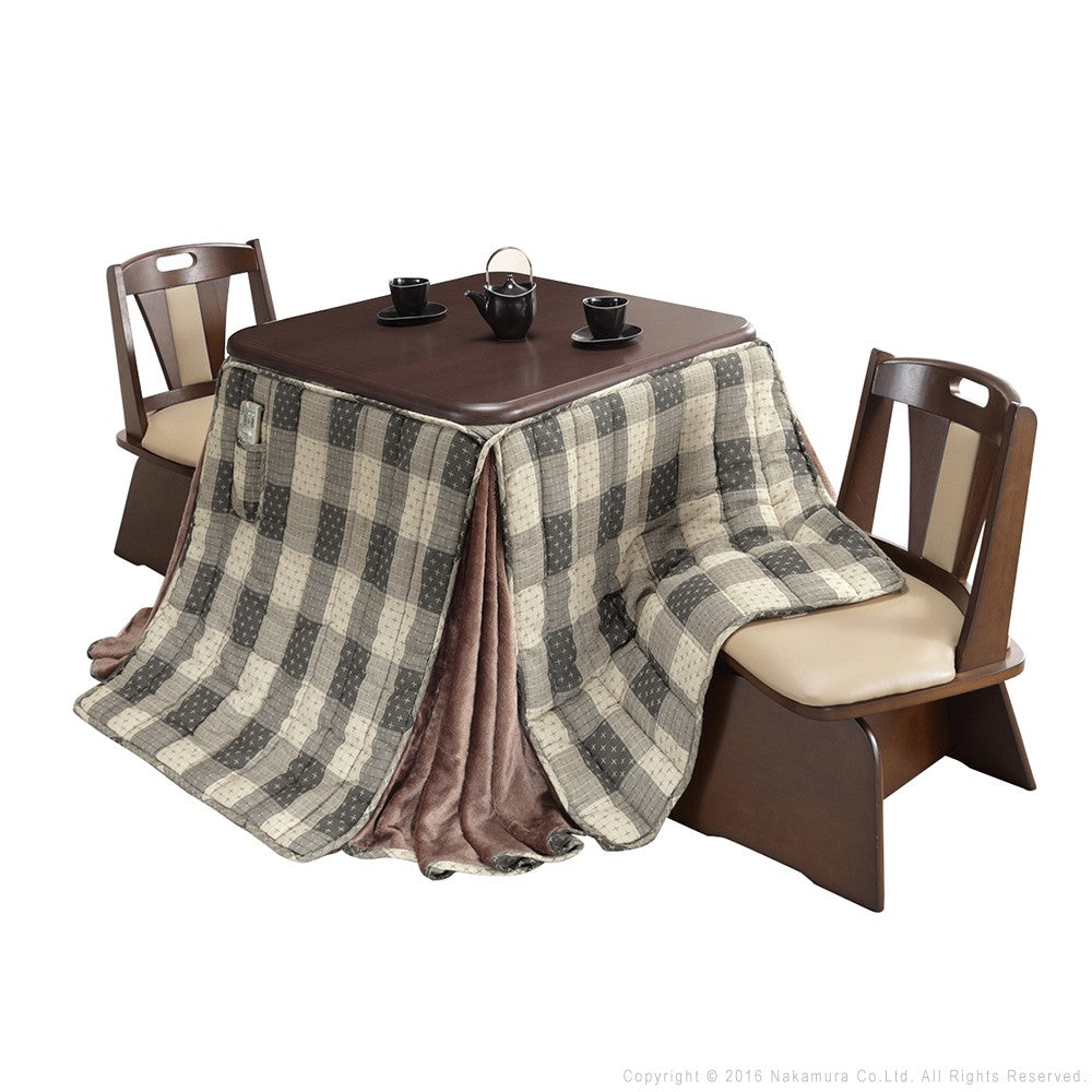 パワフルヒーター 高さ調節機能付き ダイニングこたつ80x80cm 4点セット(こたつ+省スペース布団+回転椅子2脚) 正方形 ダイニングテーブル