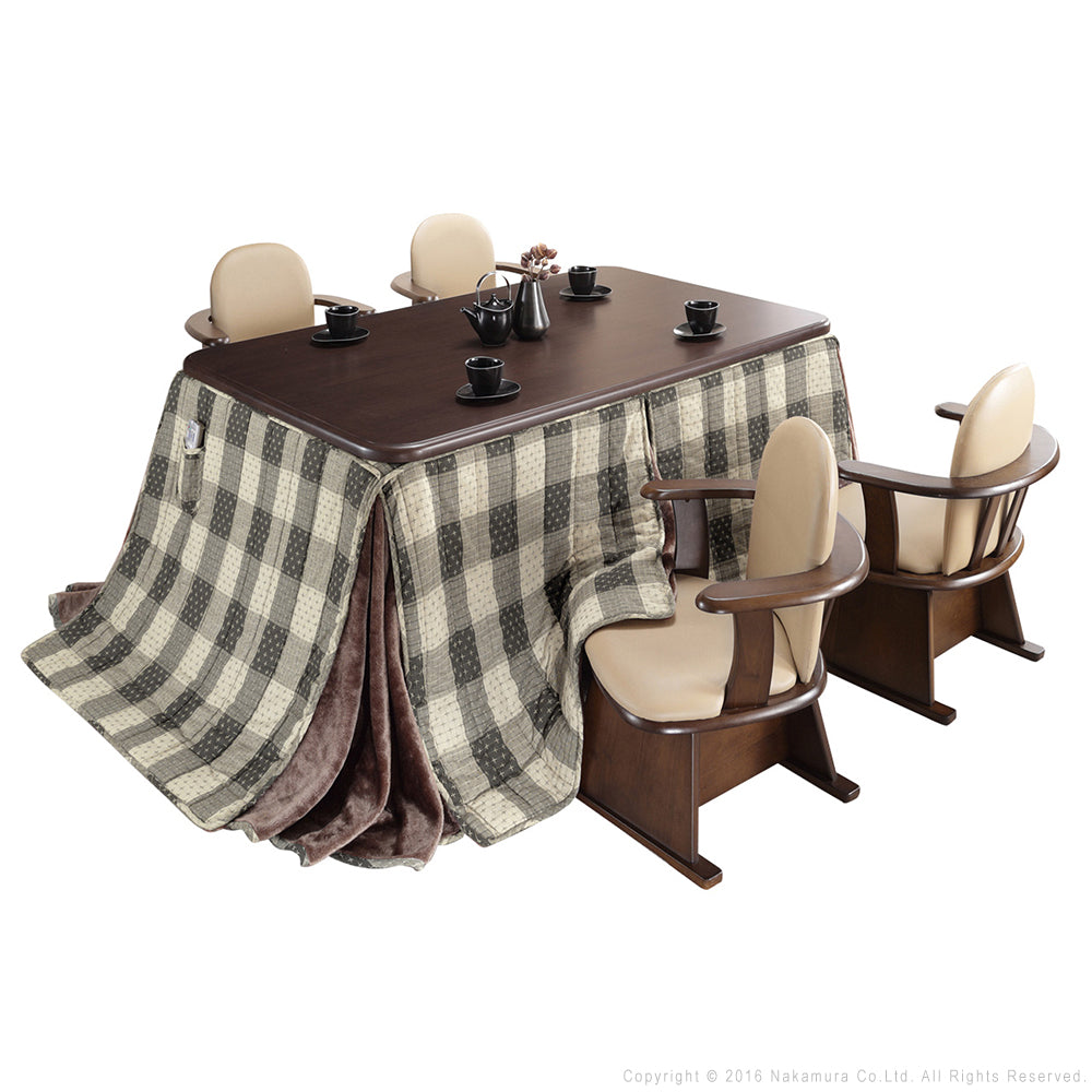 パワフルヒーター 高さ調節機能付き ダイニングこたつ150x90cm 6点セット(こたつ+掛布団+肘付回転椅子4脚) こたつ 長方形 ダイニングテーブル