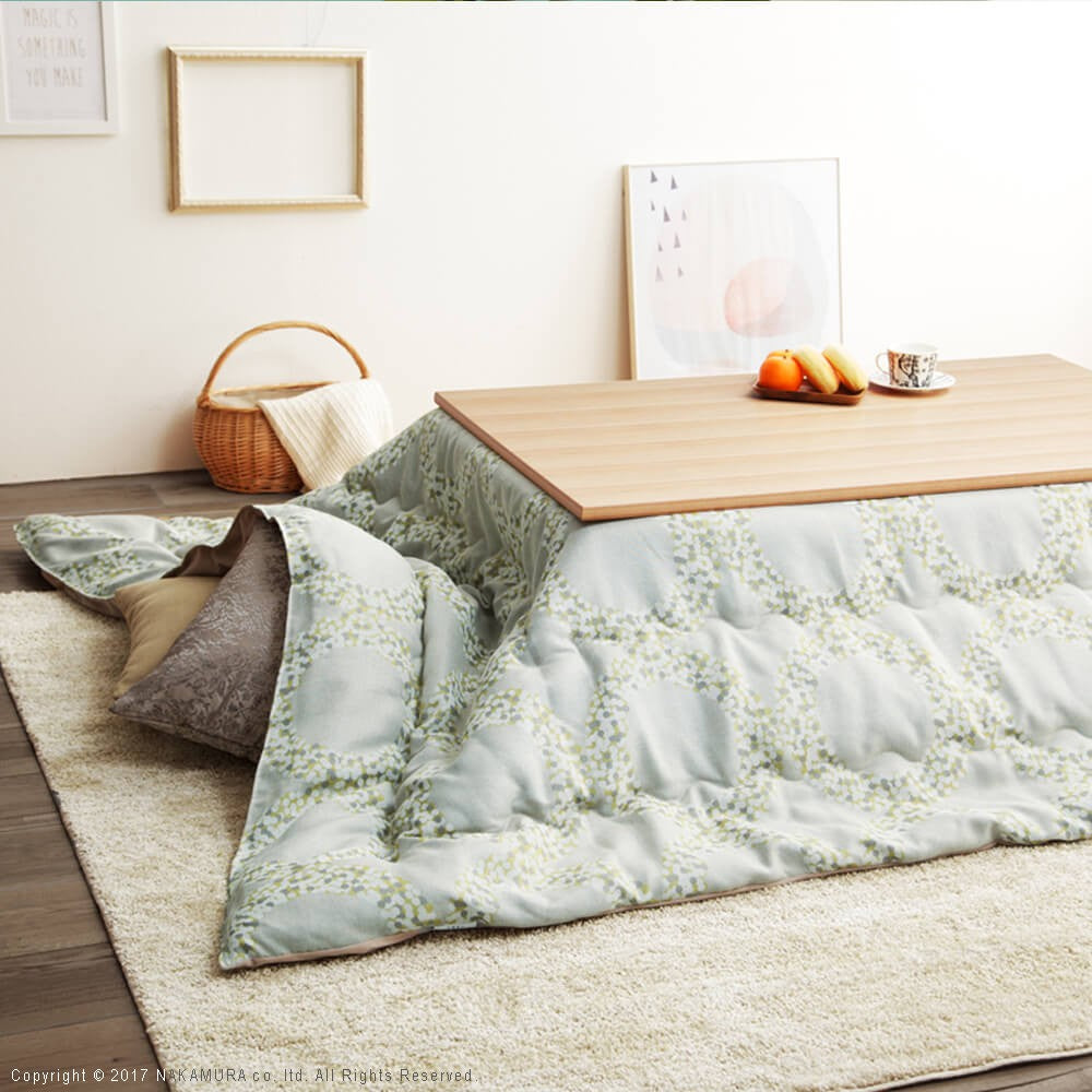 こたつ 長方形 楢天然木国産折れ脚こたつ 105x75cm 日本製厚手カーテン生地の北欧柄こたつ布団セット テーブル 天然木 日本製 リモート 在宅