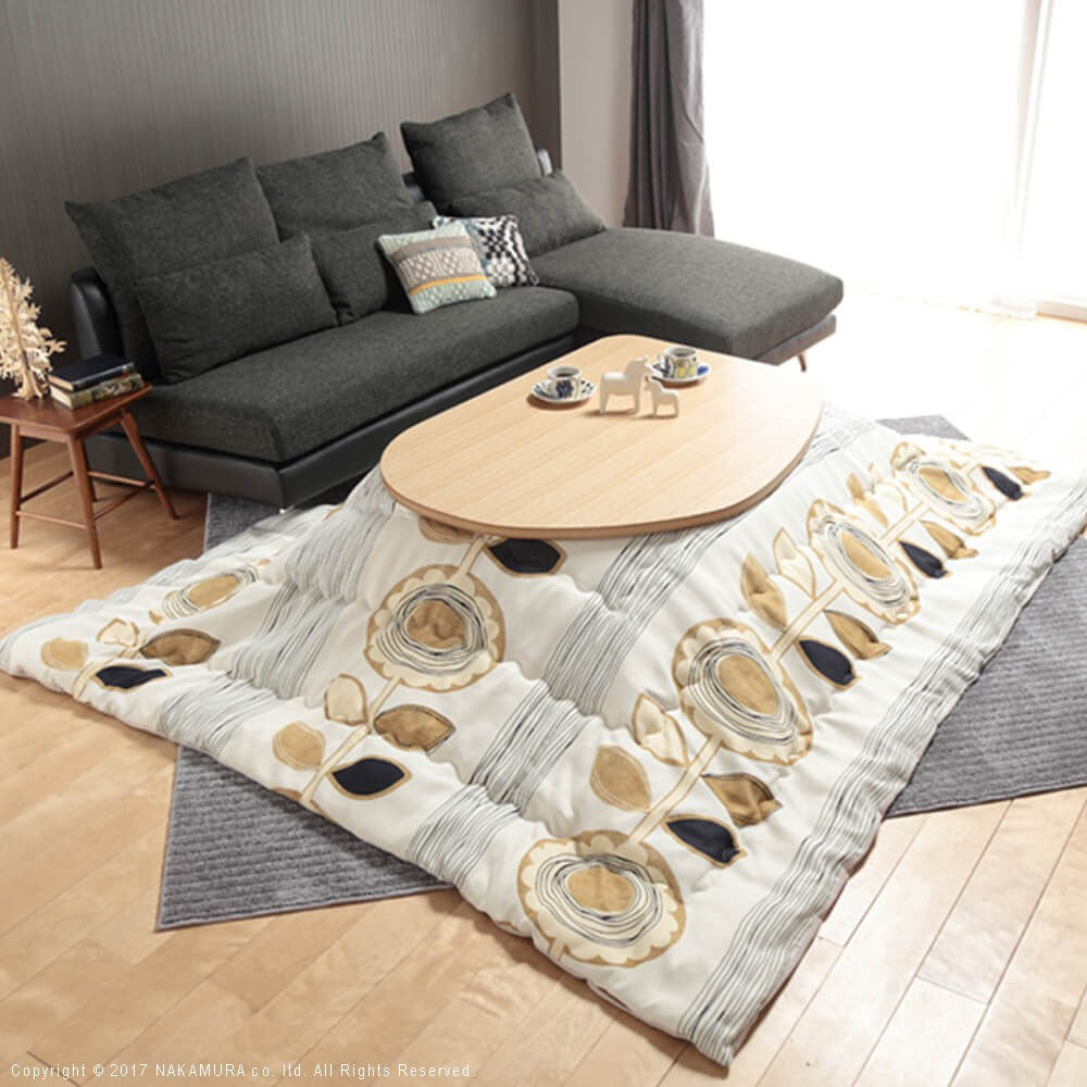 こたつ フラットヒーター折れ脚こたつ 120x90cm 日本製厚手カーテン生地の北欧柄こたつ布団セット テーブル 天然木 日本製 リモート 在宅