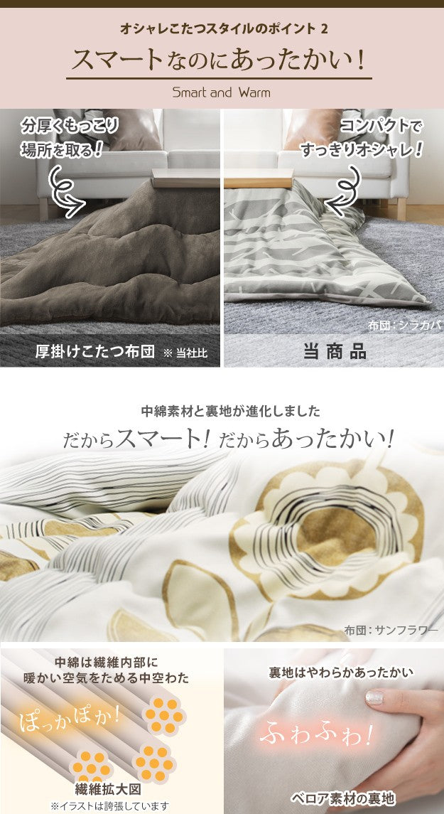 こたつ フラットヒーター折れ脚こたつ 120x90cm 日本製厚手カーテン生地の北欧柄こたつ布団セット テーブル 天然木 日本製 リモート 在宅