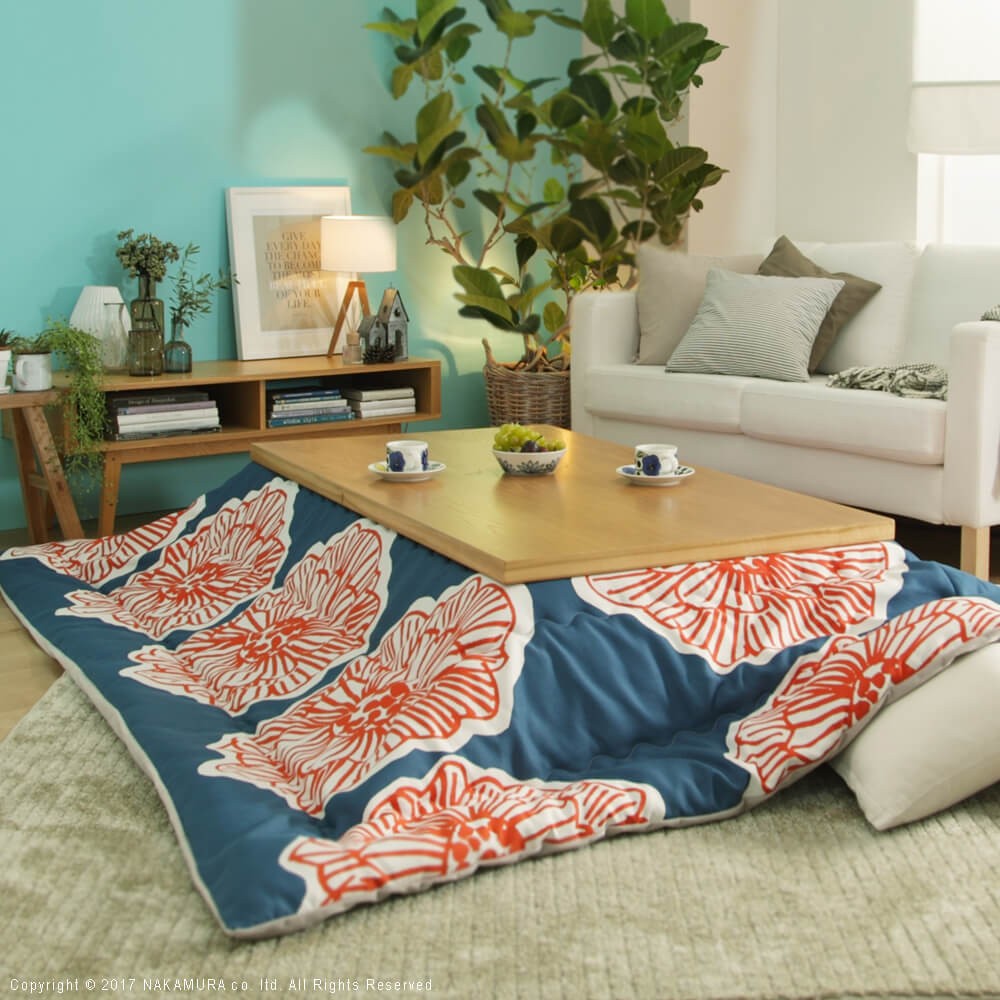 こたつ 長方形 大判 モダンリビング継ぎ脚こたつ 150x80cm 日本製厚手カーテン生地の北欧柄こたつ布団セット テーブル 天然木 日本製 リモート 在宅