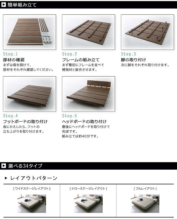 組立設置付き モダンデザインローベッド Masterpiece マスターピース プレミアムボンネルコイルマットレス付き ナローステージ クイーン(Q×1) フレーム幅180 送料無料