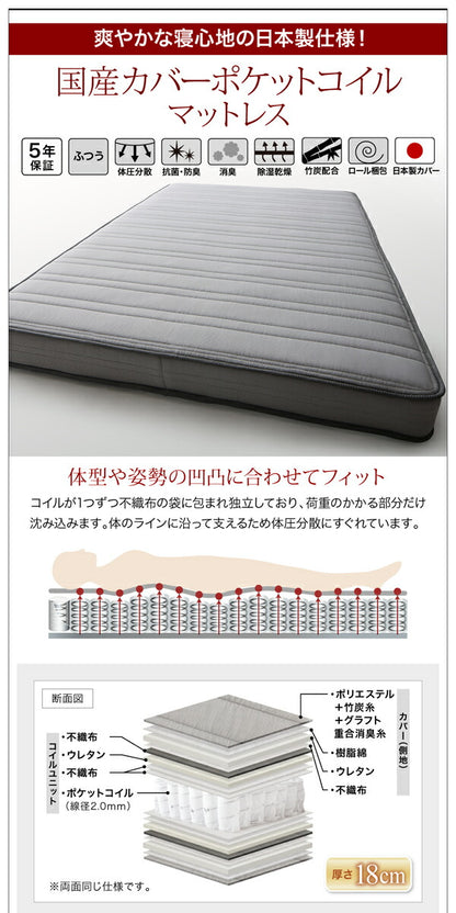 【新商品】組立設置付き モダンデザインローベッド Masterpiece マスターピース 国産カバーポケットコイルマットレス付き ワイドステージ セミダブル フレーム幅160 送料無料