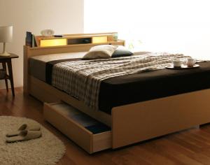 【新商品】照明・棚付き収納ベッド All-one オールワン ポケットコイルマットレス付き ダブル 送料無料