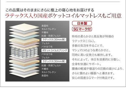 【新商品】照明・コンセント付き収納ベッド Miana ミアーナ ラテックス入り国産ポケットコイルマットレス付き セミダブル 送料無料