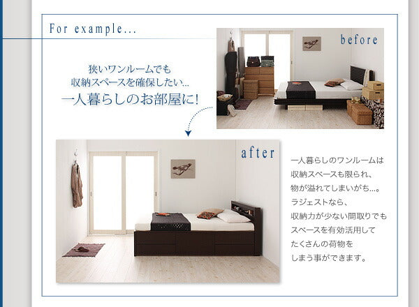組立設置付 棚・コンセント付きチェストベッド Lagest ラジェスト 薄型プレミアムポケットコイルマットレス付き シングル 送料無料