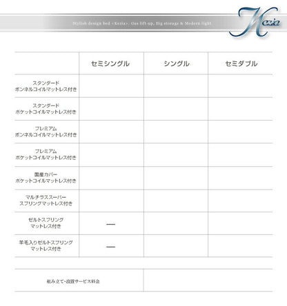 組立設置付 モダンライトコンセント付き・ガス圧式跳ね上げ収納ベッド Kezia ケザイア スタンダードポケットコイルマットレス付き セミダブル 深さラージ