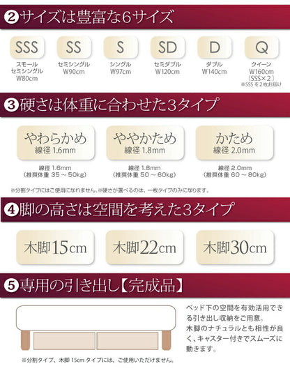 新・国産ポケットコイルマットレスベッド Waza ワザ マットレスベッド かため：線径2.0mm シングル 脚22cm 送料無料