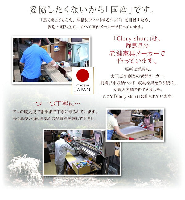 組立設置付 国産跳上げ収納ベッド Clory Short クローリーショート 薄型スタンダードポケットコイルマットレス付き 横開き セミシングル ショート丈 深さラージ