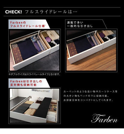 【新商品】組立設置付き モダンライト・コンセント付き収納ベッド Farben ファーベン 羊毛入りゼルトスプリングマットレス付き クイーン(Q×1） 送料無料