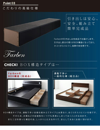 【新商品】組立設置付き モダンライト・コンセント付き収納ベッド Farben ファーベン 国産カバーポケットコイルマットレス付き クイーン(Q×1) 送料無料