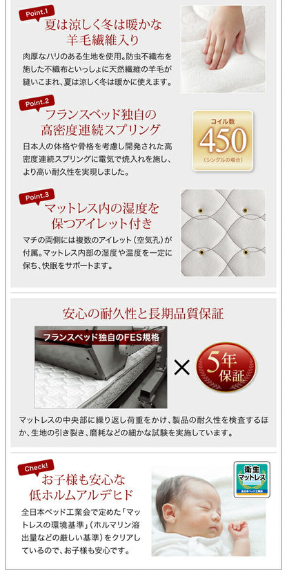 【新商品】組立設置付き モダンライト・コンセント付き収納ベッド Farben ファーベン 羊毛入りゼルトスプリングマットレス付き クイーン(Q×1） 送料無料