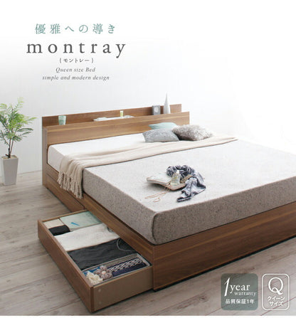 【新商品】組立設置付き 棚・コンセント付収納ベッド Montray モントレー スタンダードボンネルコイルマットレス付き クイーン(Q×1） 送料無料
