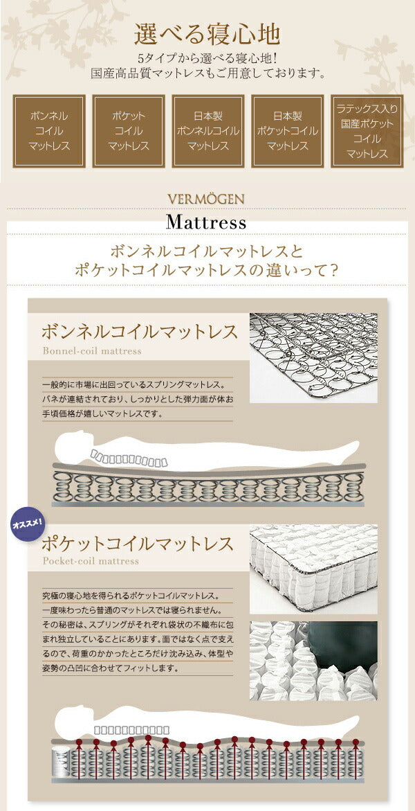 ずっと使えるロングライフデザインベッド Vermogen フェアメーゲン 天然ラテックス入り国産ポケットコイルマットレス付き シングル 送料無料