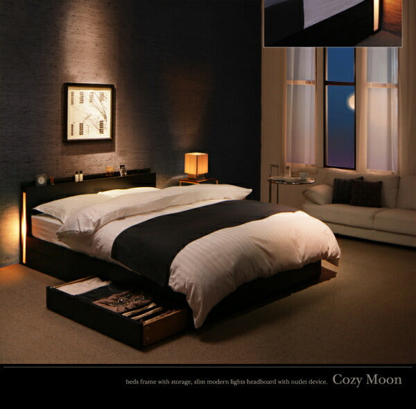 【新商品】組立設置付き スリムモダンライト付き収納ベッド Cozy Moon コージームーン 羊毛入りゼルトスプリングマットレス付き セミダブル 送料無料