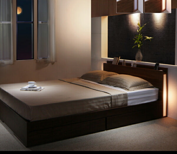 組立設置付き スリムモダンライト付き収納ベッド Cozy Moon コージームーン 国産カバーポケットコイルマットレス付き ダブル