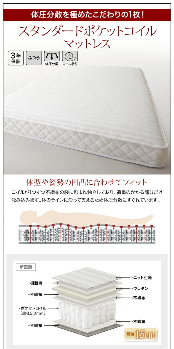 組立設置付き LEDライト・コンセント付き収納ベッド Estado エスタード スタンダードポケットコイルマットレス付き セミダブル