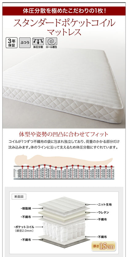 組立設置付き LEDライト・コンセント付き収納ベッド Estado エスタード スタンダードポケットコイルマットレス付き セミダブル