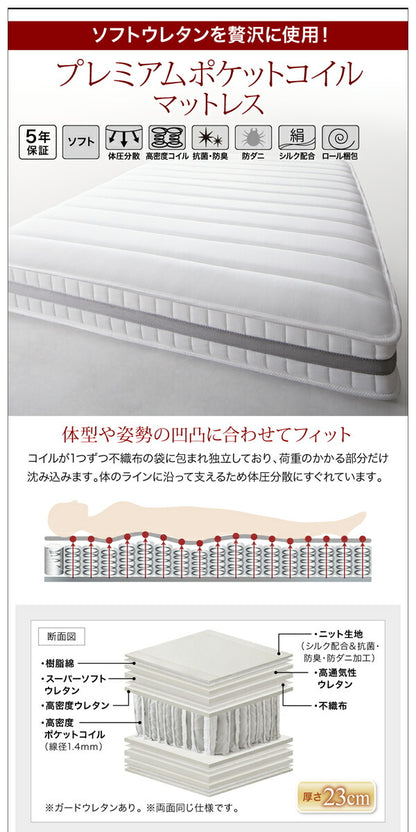 組立設置付き LEDライト・コンセント付き収納ベッド Estado エスタード プレミアムポケットコイルマットレス付き セミダブル