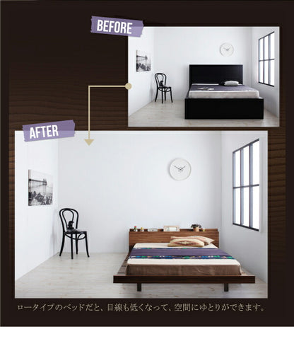 【新商品】組立設置付き 棚・コンセント付きモダンデザインローベッド Tschues チュース 国産カバーポケットコイルマットレス付き フルレイアウト クイーン(Q×1) フレーム幅160 送料無料