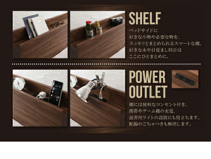 組立設置付き 棚・コンセント付きモダンデザインローベッド Tschues チュース 国産カバーポケットコイルマットレス付き ステージ ダブル フレーム幅160