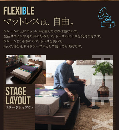 【新商品】組立設置付き 棚・コンセント付きモダンデザインローベッド Tschues チュース プレミアムボンネルコイルマットレス付き ステージ ダブル フレーム幅160 送料無料